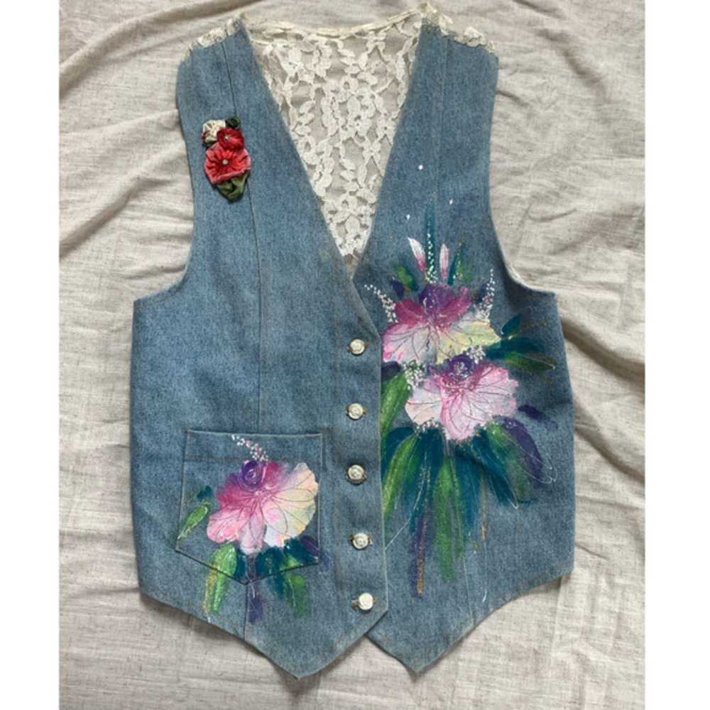 Vintage Denim Floral Painting Vest